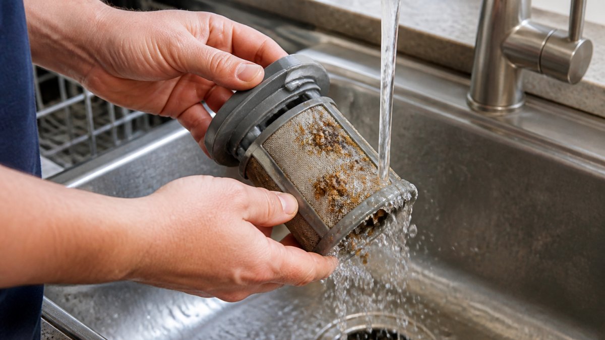 Close-up of hands removing and rinsing a dishwasher filter under running water, showing food debris and buildup being washed away in a bright kitchen sink