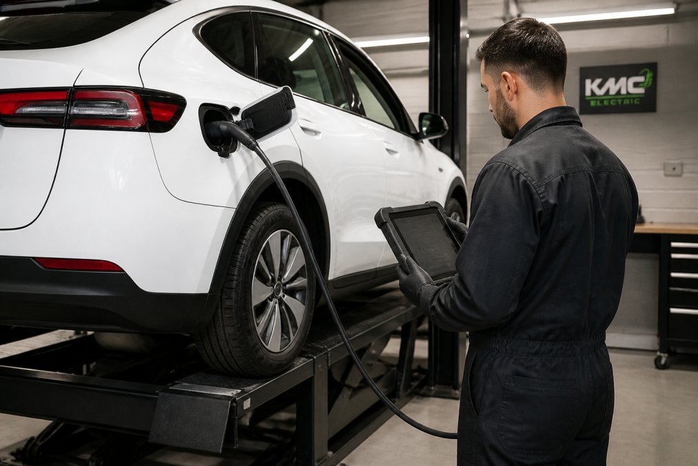 Mechanic using a diagnostic tablet for an electric vehicle service on a car raised in a modern workshop