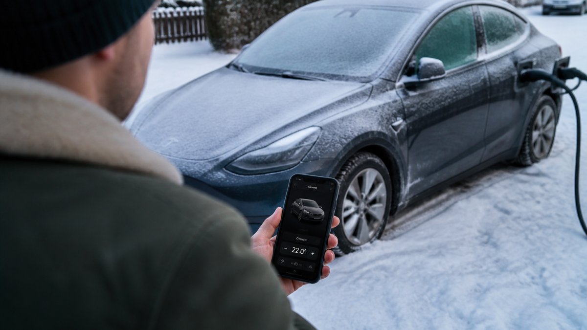 Tesla Model 3 parked in snow with frost on windows, owner using smartphone to precondition vehicle while charger cable is connected
