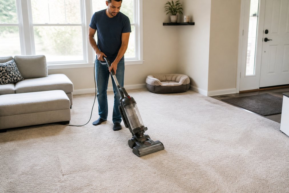 Person vacuuming a light-colored carpet to extend lifespan of carpet and upholstery in a sunny living room