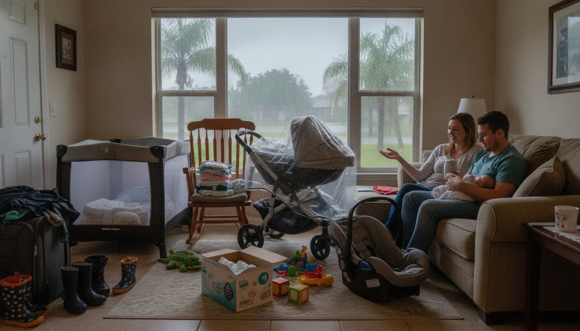 A family with two young children sitting comfortably on the covered porch of a beach vacation rental during a rainy afternoon, baby gear including a stroller and pack-n-play visible inside the open sliding door, warm interior lighting contrasting with gray skies outside