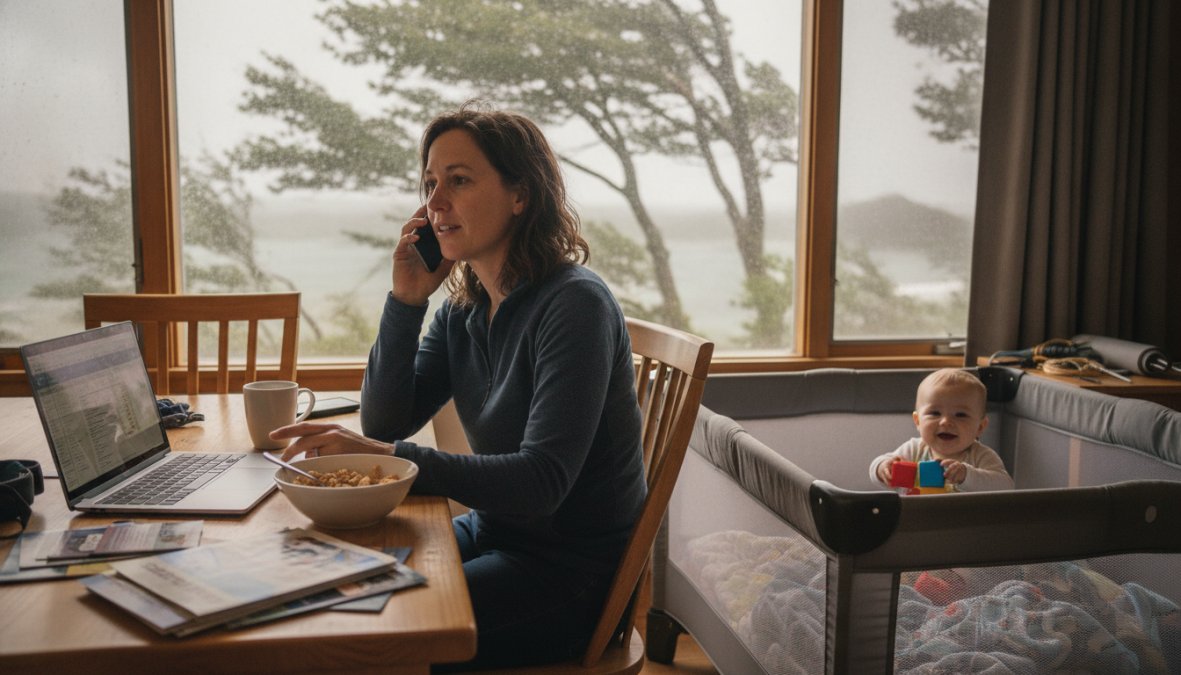 A parent sitting calmly at a bright kitchen table in a beach vacation rental, speaking on a smartphone with a laptop open showing a weather forecast, a baby playing contentedly in a pack-n-play nearby, warm morning light coming through a window