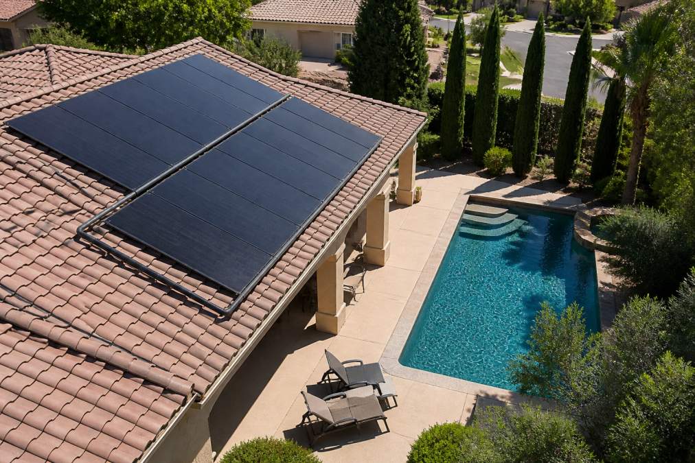 Aerial view of a residential pool with solar thermal panels mounted on a south-facing roof, showing the complete system integration with the pool deck and surrounding landscape in bright sunlight