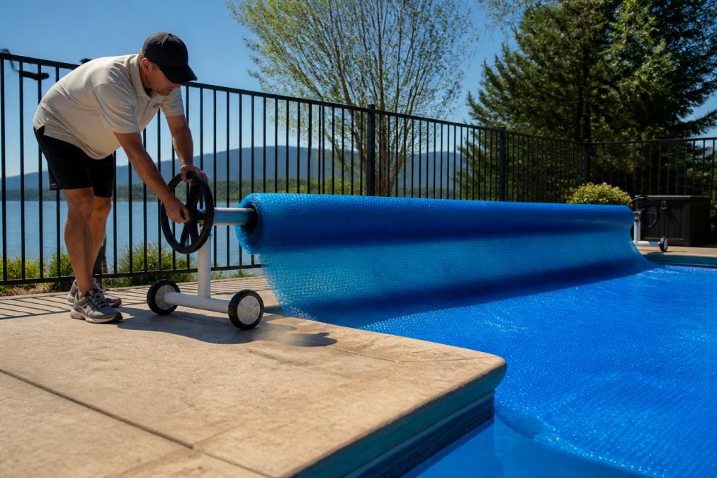Close-up of a homeowner rolling a thermal pool cover over a pool surface using a cover reel system, demonstrating proper installation technique with the cover being smoothly deployed