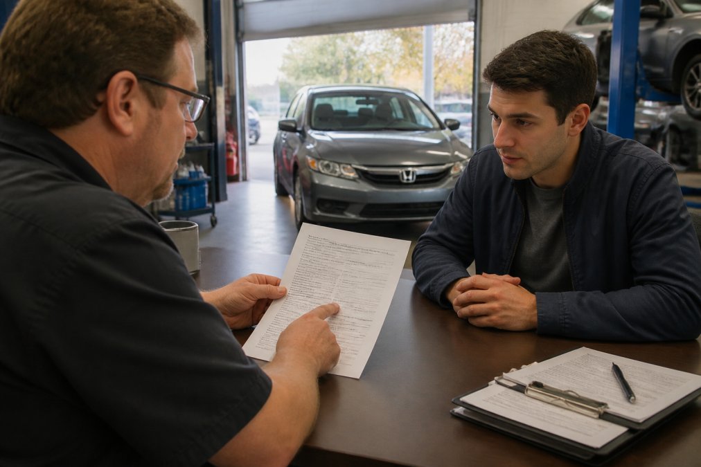A service advisor at an auto repair shop desk showing a customer a printed coverage contract, with a Honda sedan visible through the open bay door behind them