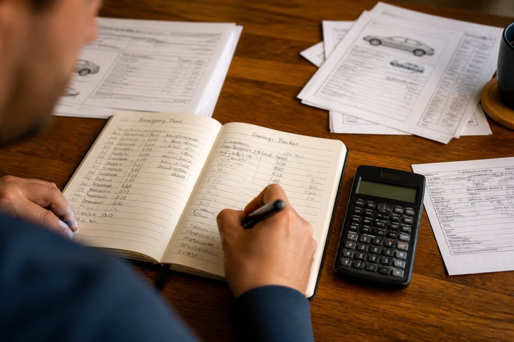 Close-up of a person writing in a detailed financial planning notebook with a calculator, savings tracker chart, and vehicle maintenance records spread across the desk