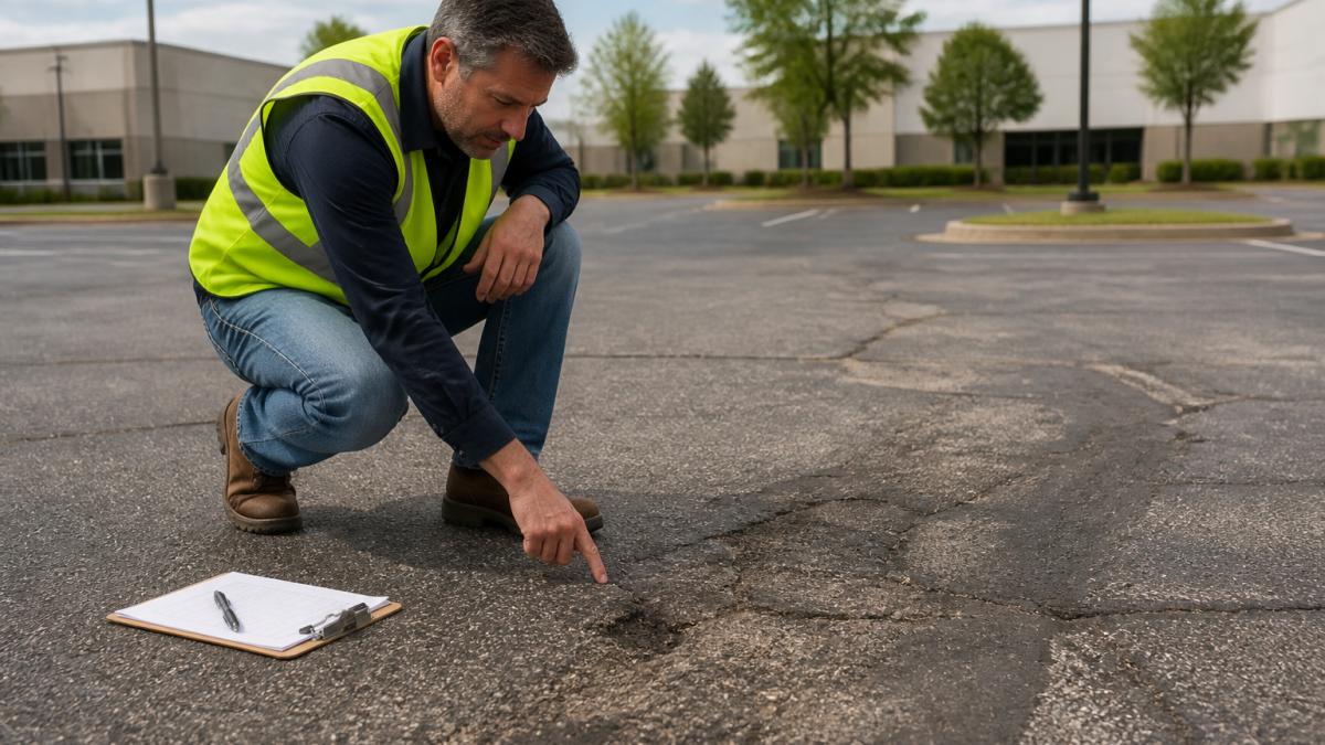 Facilities manager crouching down to examine asphalt pavement surface, pointing at visible cracks and wear patterns, with clipboard and inspection notes visible nearby in natural daylight