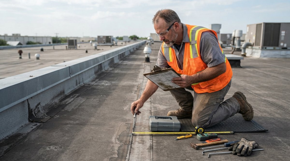 Professional roofing contractor performing detailed inspection on industrial flat roof with clipboard, measuring tools, and checking membrane seams and flashing visible