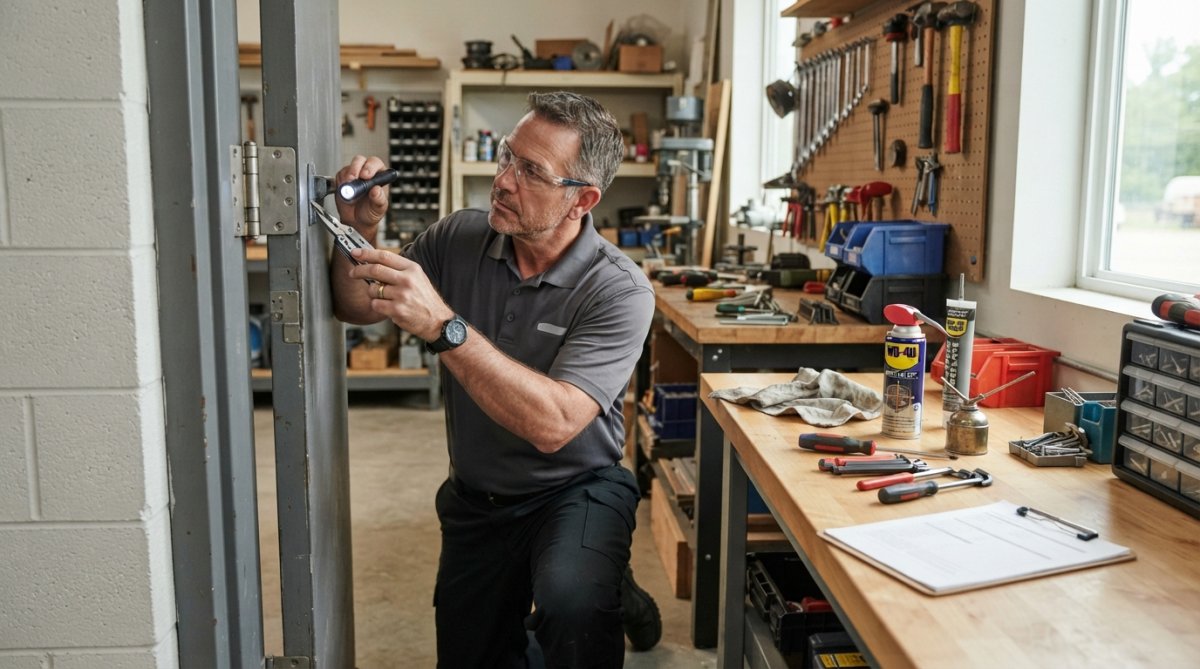 Professional technician inspecting door hinges and latch mechanisms on a commercial steel frame, with lubrication products and tools arranged on a nearby workbench in natural workshop lighting