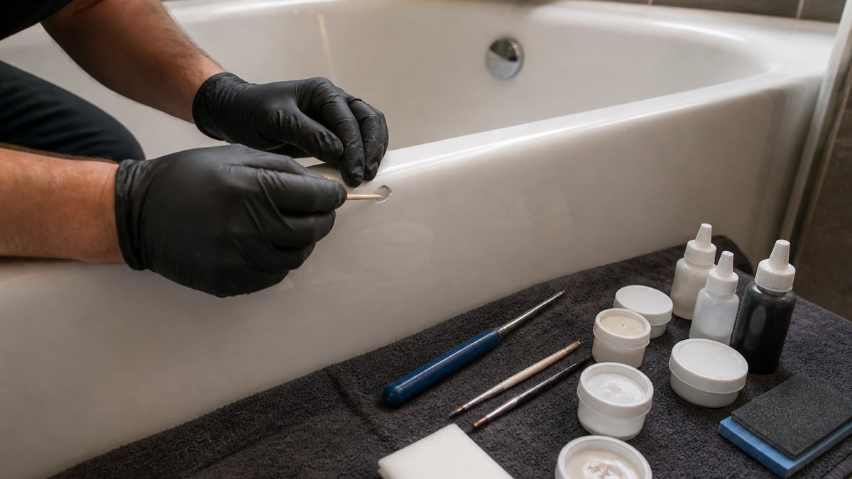 Close-up of a technician's gloved hands working on a small chip in a white porcelain bathtub in a hotel bathroom, with specialist repair tools and colour-matching materials laid out on a cloth beside the bath