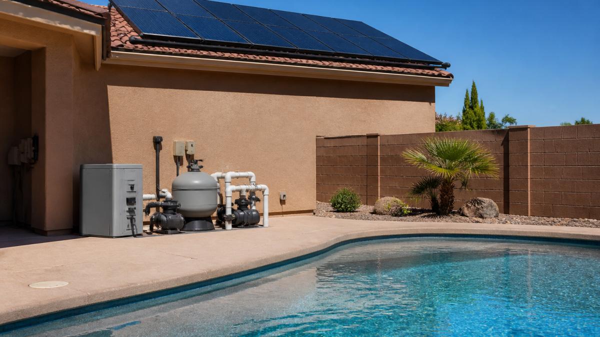 Roof-mounted solar pool heating panels installed above a backyard swimming pool on a sunny day.