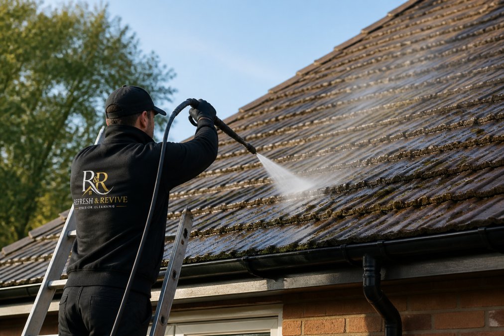 Professional demonstrating soft washing technique on residential roof with moss-covered shingles, water spray at low pressure, morning light illuminating the treatment area