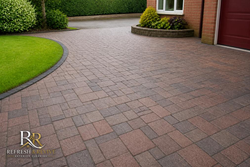 Restored driveway and patio area after professional cleaning, showing renewed colour and texture detail, with lawn and planted borders visible at the edges, natural daylight