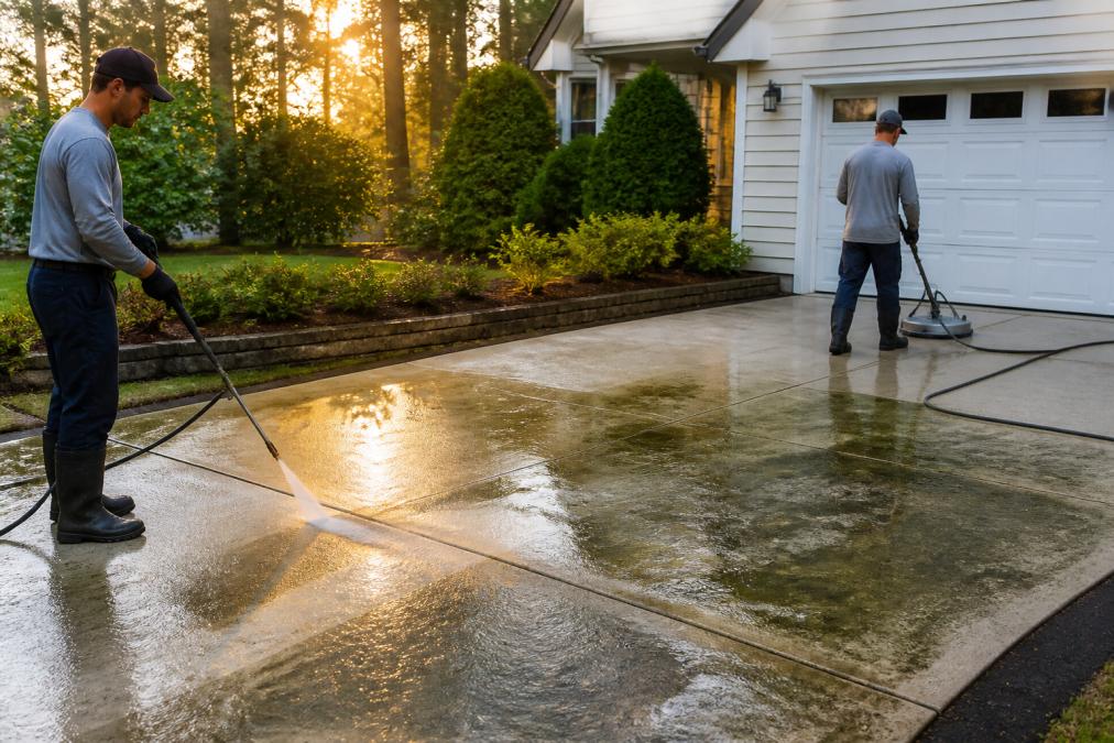 Professional cleaning crew using low-pressure equipment on residential driveway, spraying away mold and algae buildup from concrete surface with morning sunlight