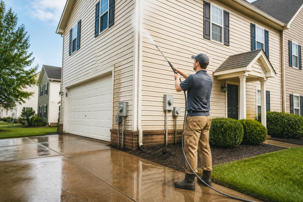 Technician performing professional exterior cleaning on a two-story rental home with vinyl siding and a clean driveway.