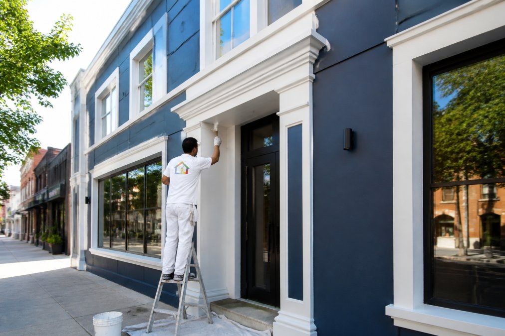 A freshly painted two-story commercial building facade in Toronto, with a Soca Services crew member in a branded shirt touching up trim near the entrance, bright natural daylight showing clean lines and vibrant color