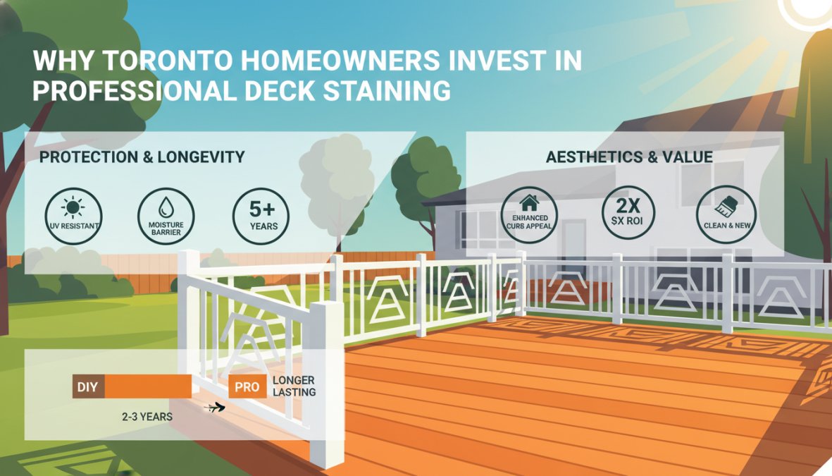 Professional illustration showing exterior deck staining services toronto