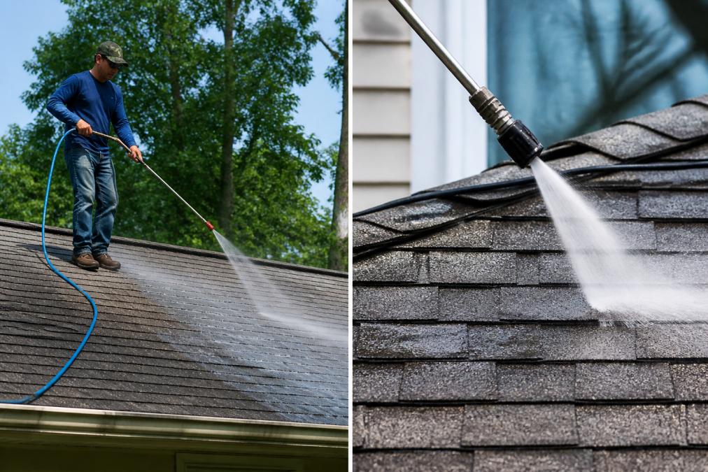 Professional technician performing low-pressure soft washing on residential roof shingles with specialized equipment, demonstrating careful technique on delicate roofing material