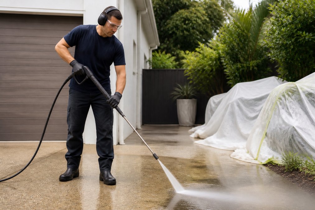 Homeowner wearing safety gear while pressure washing a driveway with nearby plants covered for exterior house cleaning