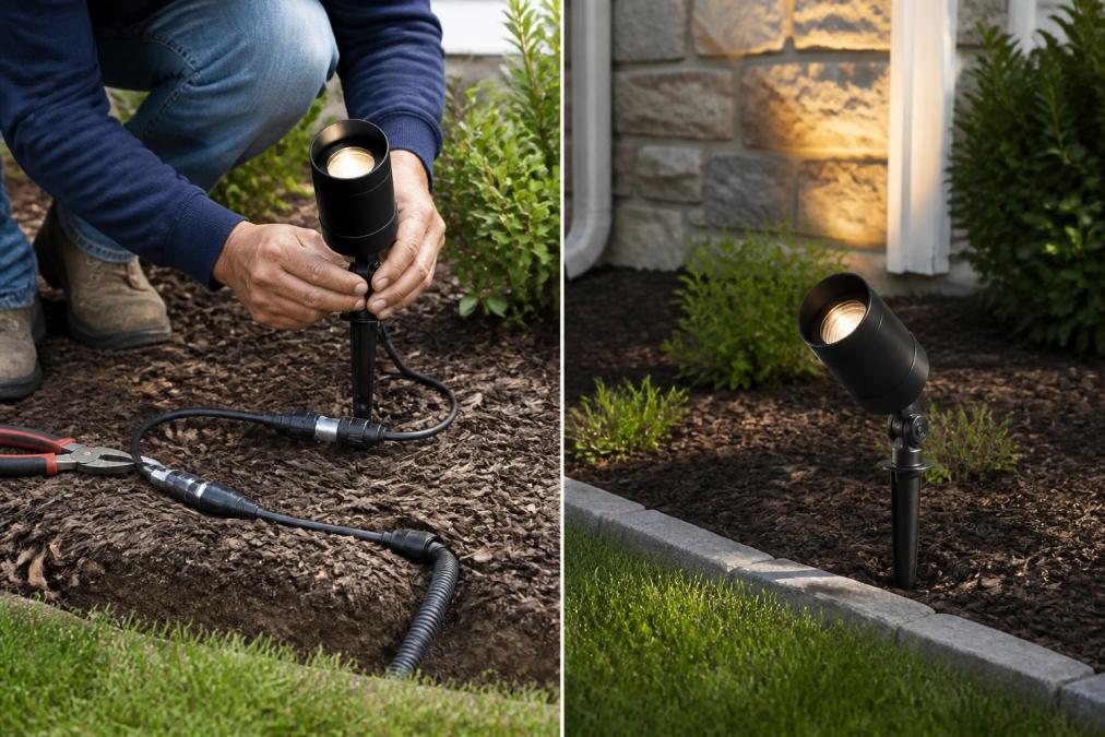 Professional outdoor lighting installer securing a low-voltage LED fixture to a landscape bed, carefully managing weatherproof connectors and wire routing with proper conduit protection visible