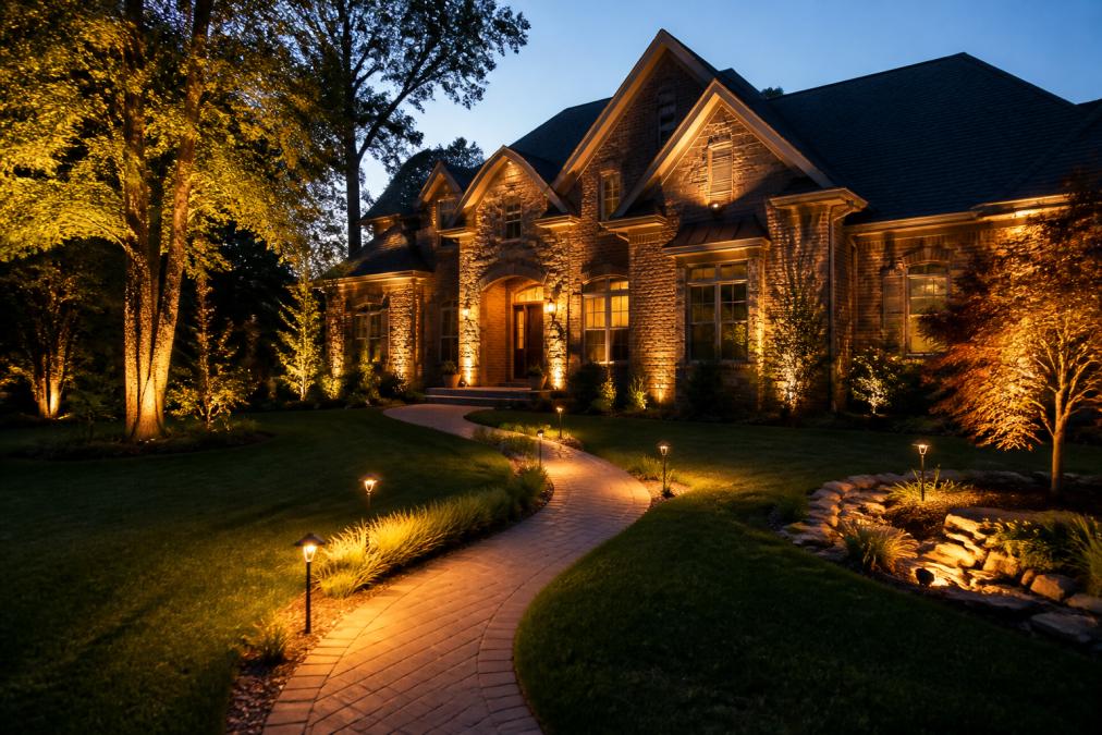 Residential home exterior at dusk displaying multiple lighting types in integrated use: warm-colored pathway lights lining a walkway, uplighting illuminating mature trees, downlighting on architectural roof lines, and accent lighting highlighting landscaping features and stone work