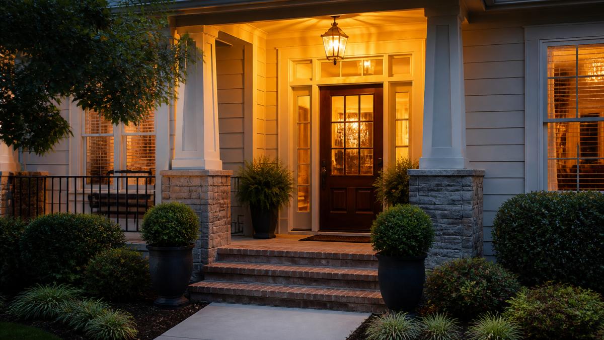 A warmly lit front porch of a suburban home at dusk, with a glowing pendant light above the door, potted plants on either side, and a clear walkway leading to the entrance