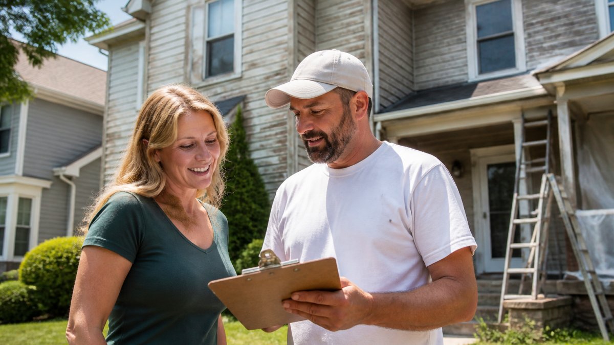 A homeowner and a professional painting contractor reviewing a clipboard with a quote in front of a two-story suburban house with weathered wood siding, bright daylight, natural colors