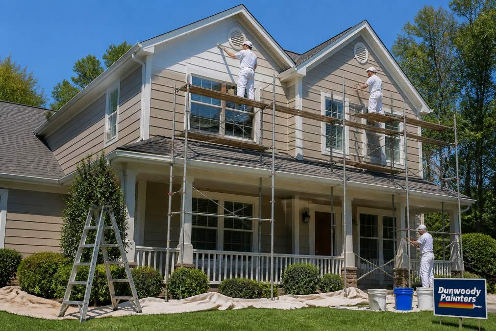 A two-story suburban house with scaffolding set up along the front facade, painters in white uniforms applying fresh paint to the upper siding on a clear day, ladder and drop cloths visible on the lawn