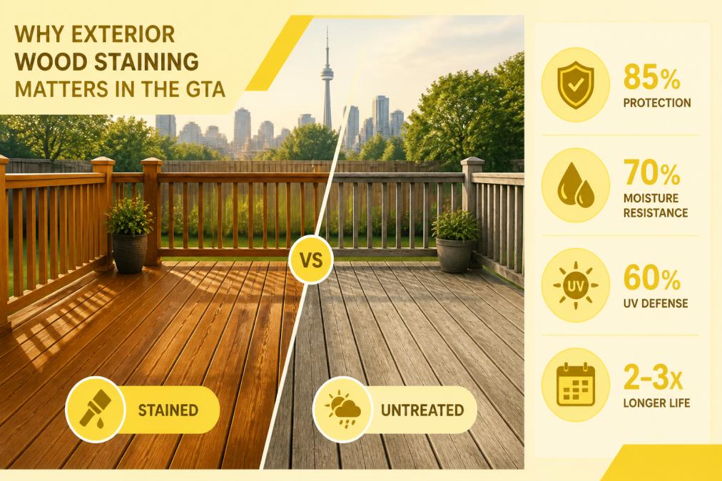Freshly stained wooden deck with rich, warm wood grain detail visible in afternoon sunlight, showing the contrast between newly protected wood and weathered untreated sections in a Toronto backyard