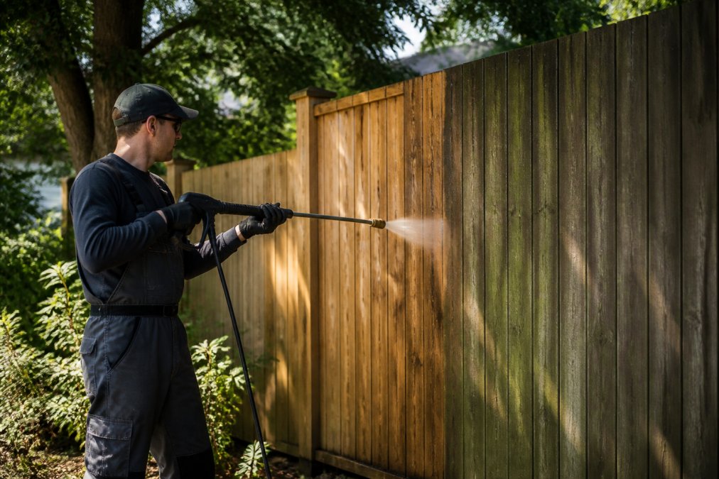 Professional contractor power washing a wooden fence with controlled spray, removing dirt and algae buildup, with wood grain becoming visible as the surface cleans in spring sunlight