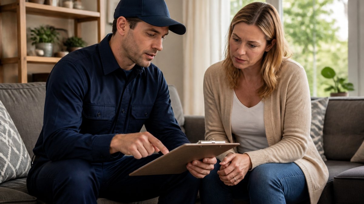 Licensed pest control technician in uniform reviewing treatment documentation with homeowner in residential living room, natural afternoon lighting