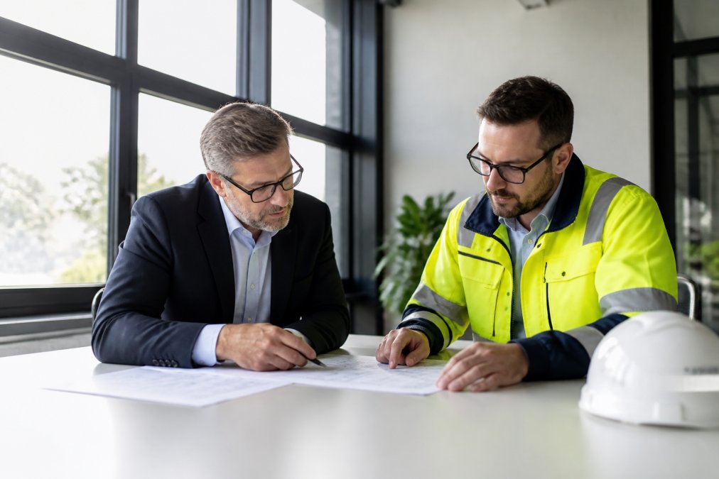 Eine externe Fachkraft für Arbeitssicherheit im Gespräch mit einem Geschäftsführer in einem hellen Besprechungsraum, beide betrachten Unterlagen auf einem Tisch, Tageslicht durch große Fenster