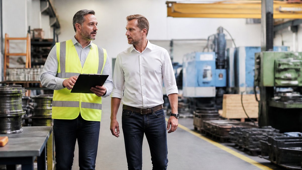 A safety specialist in a high-visibility vest walking through a production hall with a clipboard, accompanied by a plant manager, inspecting machinery and workstations during a site visit