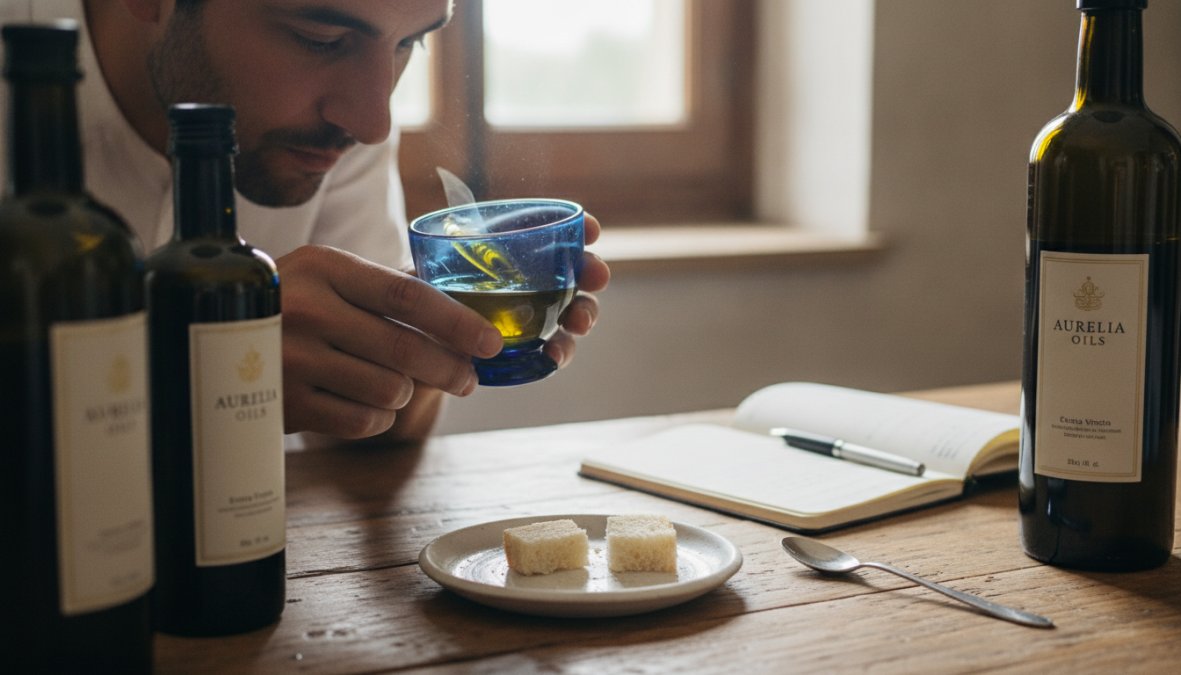 Close-up van iemand die extra vierge olijfolie proeft uit een klein glas, met een donkere fles op de achtergrond, hands-on sensorische analyse in natuurlijk licht