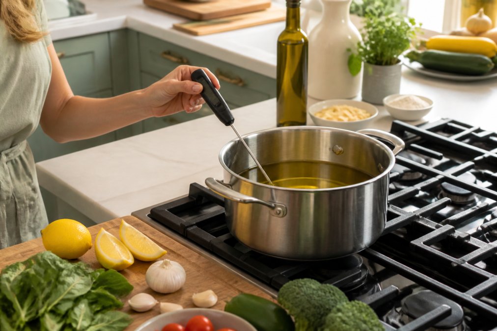 Home cook checking the temperature of olive oil for frying in a heavy-bottomed pot on a kitchen stove