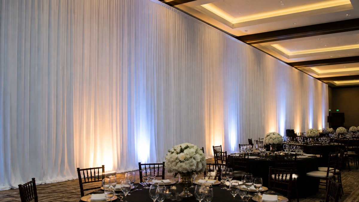 Infographic illustrating the installation process for extra-wide drapes large venues in ballrooms.