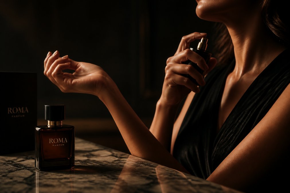 Close-up of hands applying fragrance to pulse points on the wrist and neck, showing proper technique with a luxury amber glass fragrance bottle on a marble surface
