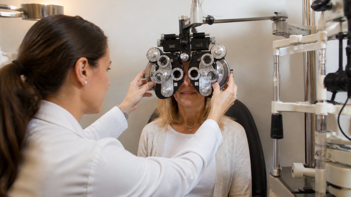 A friendly optometrist performing a comprehensive eye exam on a middle-aged patient in a bright, modern exam room with vision testing equipment