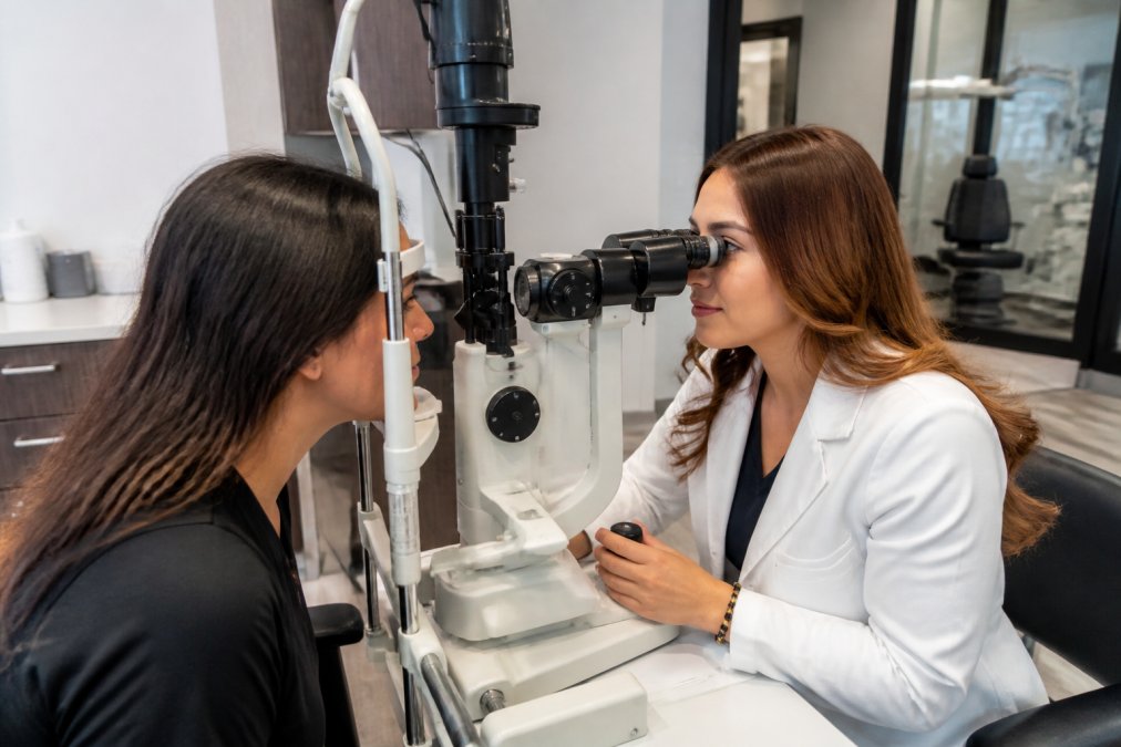 A modern, bright eye care clinic interior with an optometrist examining a patient using a slit lamp, conveying professional and welcoming care