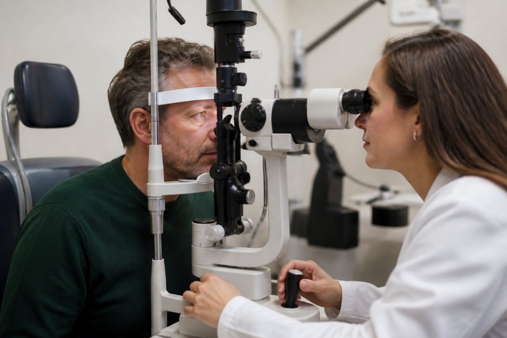 Optometrist performing dilated eye exam on patient using slit lamp with advanced equipment, patient seated comfortably in examination chair with warm clinical lighting