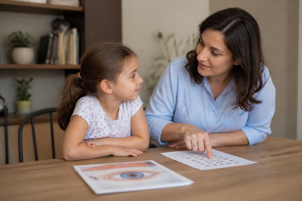 A parent and child discussing an eye exam at home, with the child looking curious and the parent pointing to an educational eye chart or vision-related material on a table