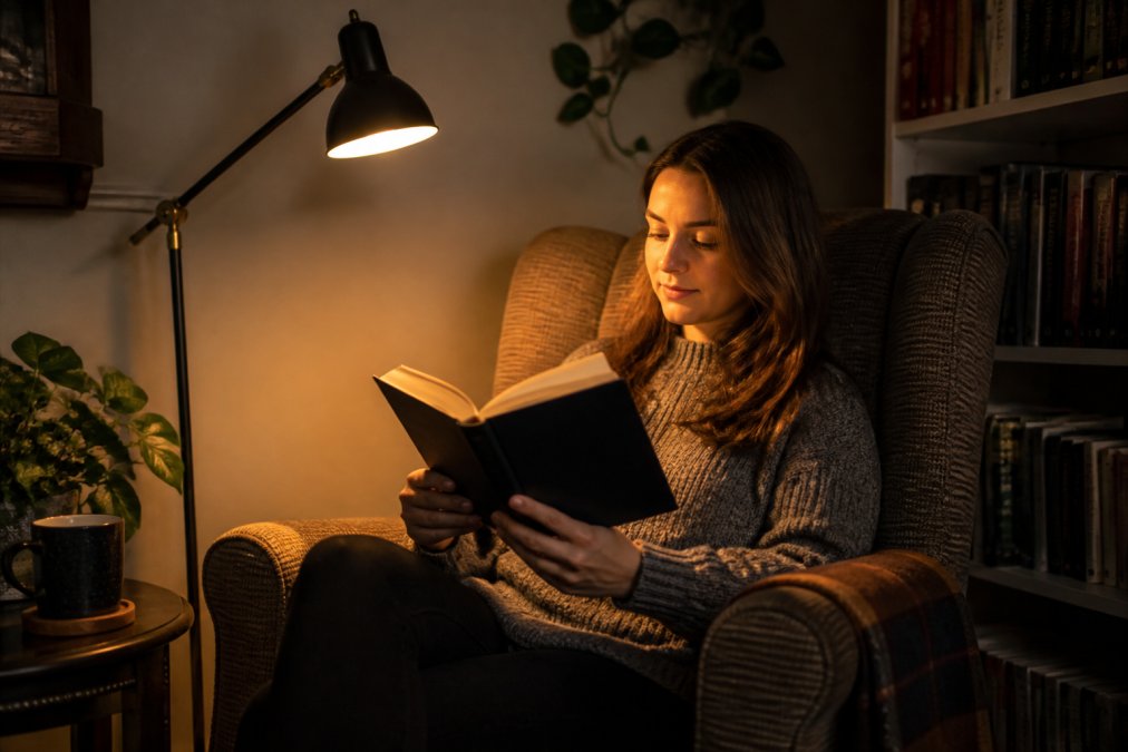 A person reading a hardcover book in a cozy armchair, with a warm adjustable floor lamp positioned over their shoulder illuminating the pages without creating glare on the paper