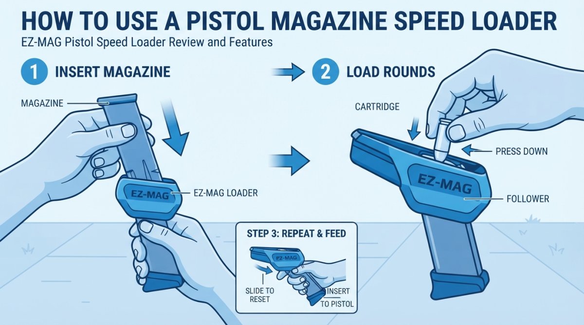 Close-up of hands demonstrating the two-step loading process with a magazine inserted into an EZ-MAG loader at an outdoor shooting range, showing proper finger positioning and downward pressure technique