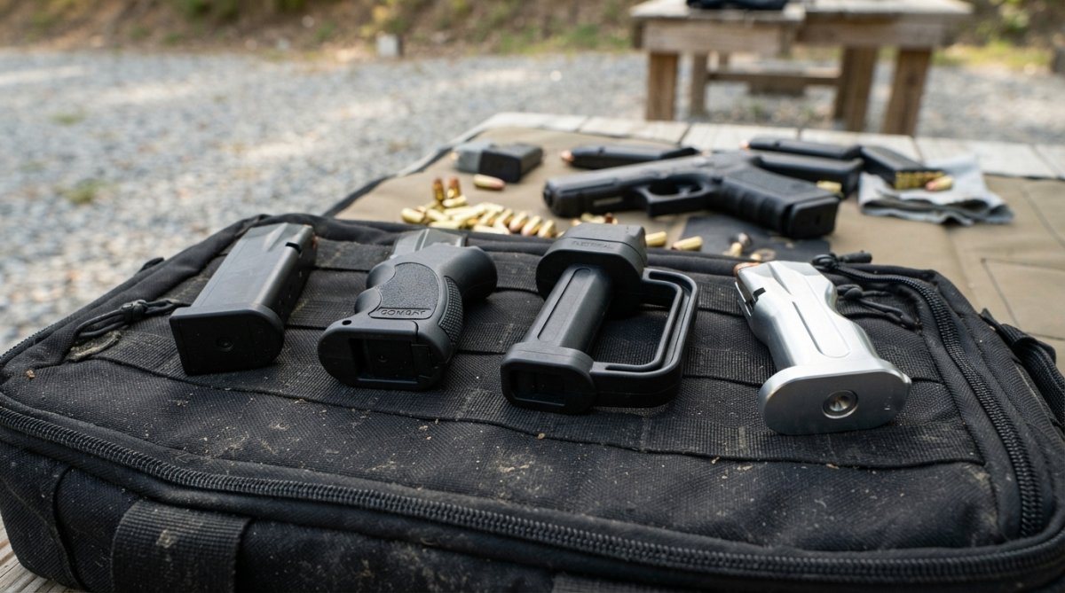 All four Bulletproof speed loader models (EZ-MAG, COMBAT, TACTICAL, DELTA) arranged side-by-side on a black tactical range bag with ammunition and a handgun visible in the background
