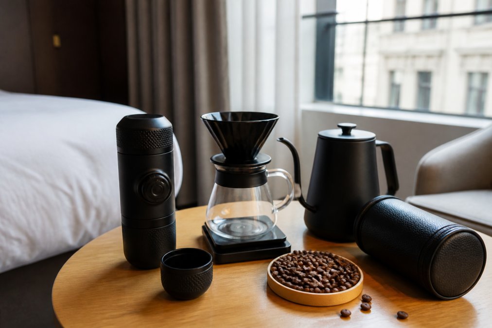 Portable espressomaskine, håndbrygningsudstyr og friske kaffebønner arrangeret på et minimalistisk hotelværelsebord med varmt dagslys fra vinduet