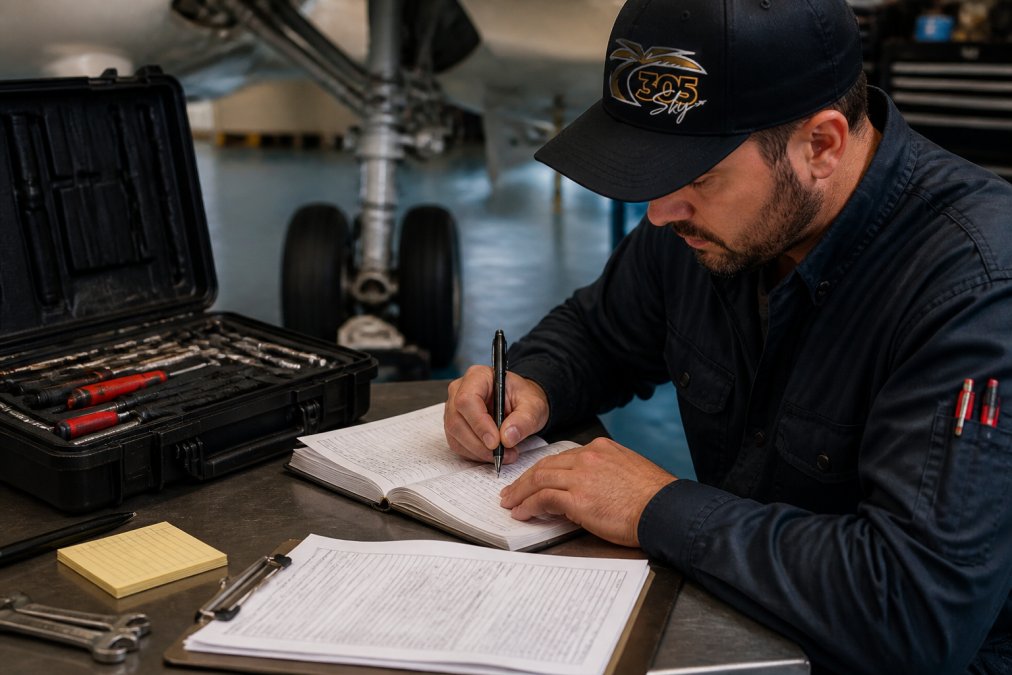 Professional aircraft mechanic writing detailed maintenance notes in an aircraft logbook at a workbench with tools, inspection forms, and maintenance records visible under bright shop lighting