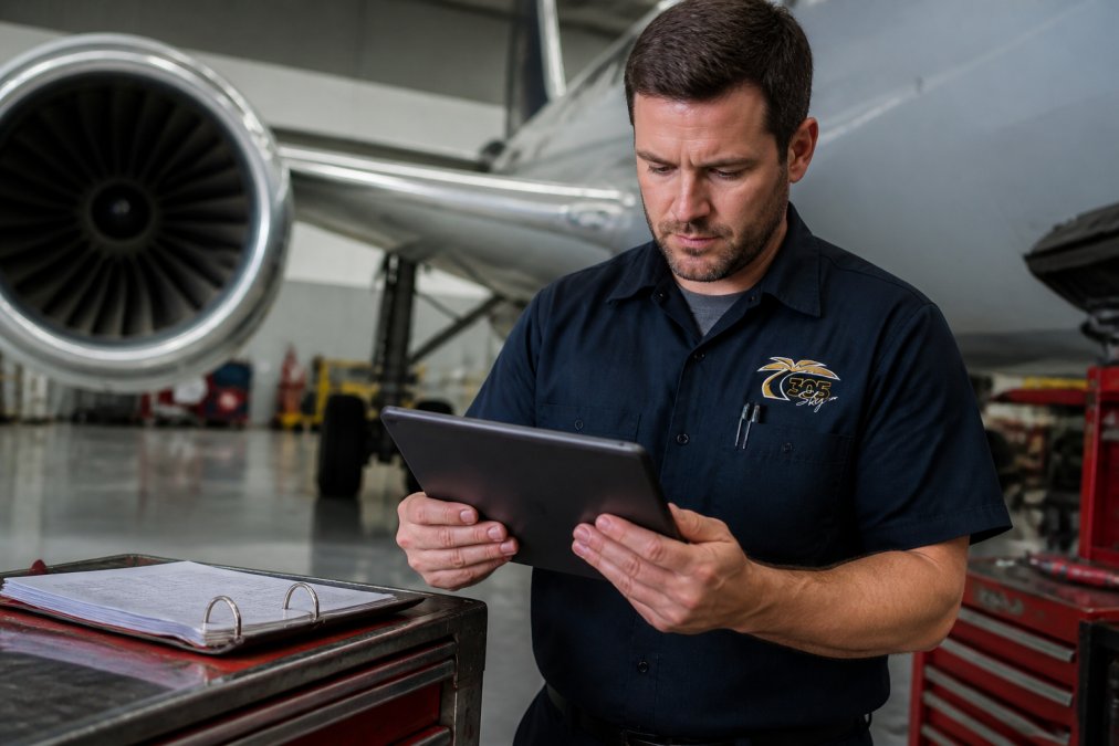 Aircraft technician reviewing maintenance records on a tablet computer inside an aircraft hangar with maintenance equipment and aircraft visible in background