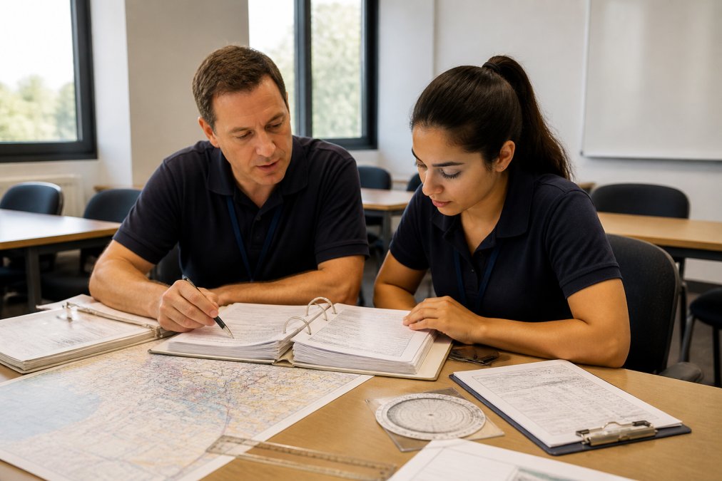 Professional aviation instructor reviewing flight planning materials and dispatch operations documentation with student in modern training classroom with natural lighting