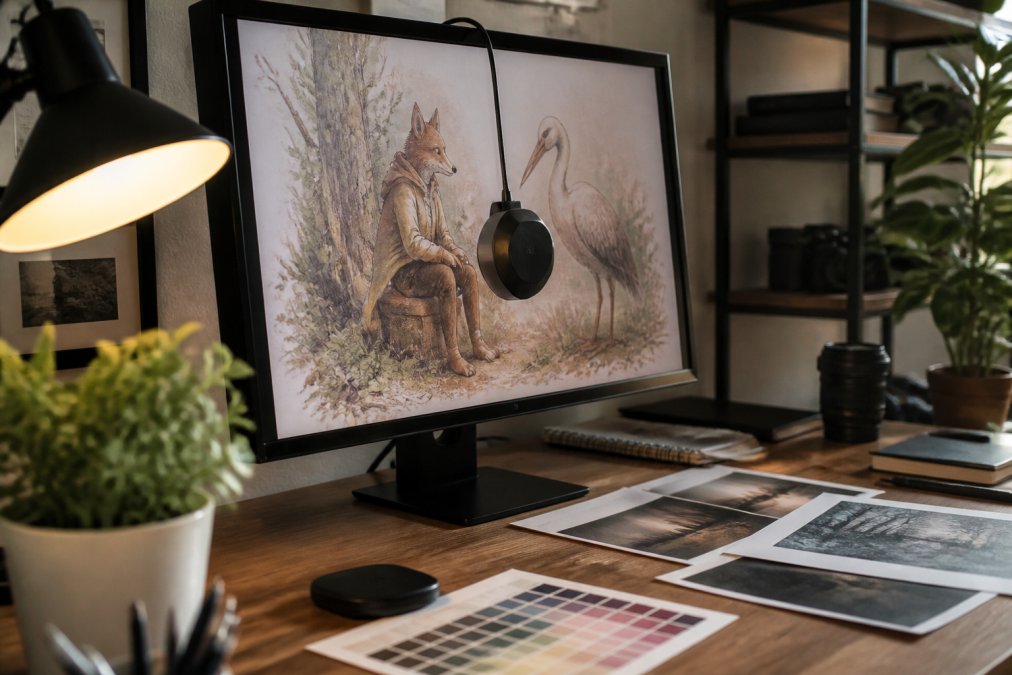 Close-up of a color calibration sensor attached to a computer monitor displaying a fable-inspired art image with warm studio lighting illuminating the setup from the side