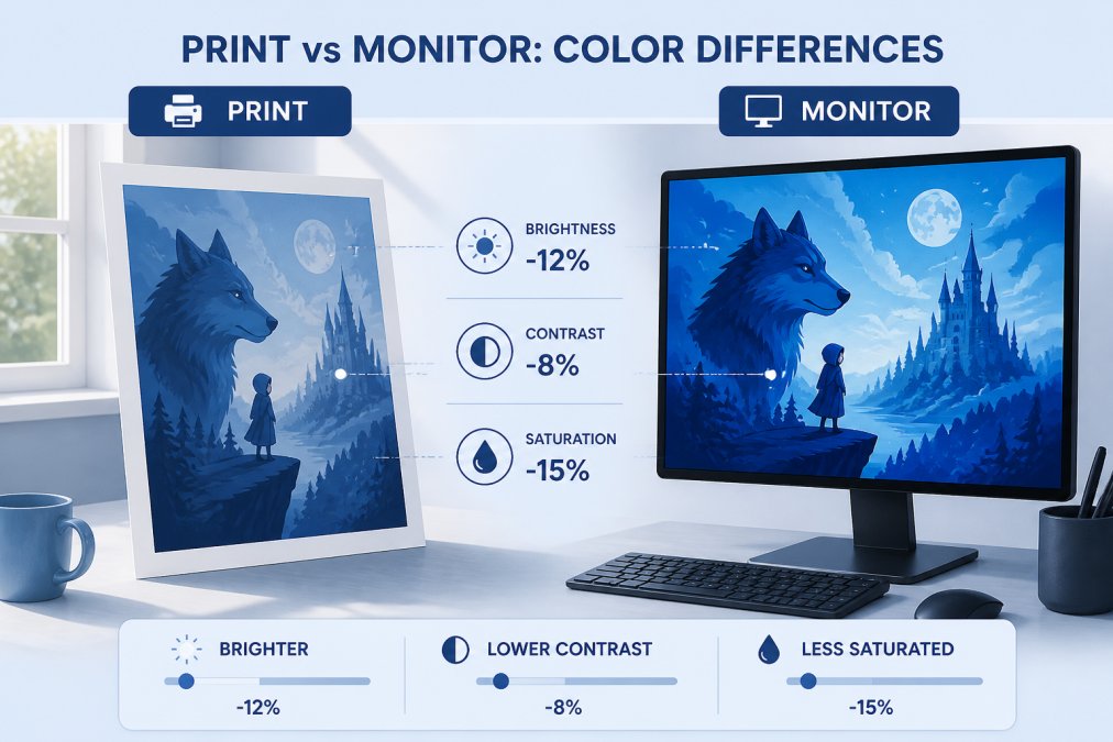 Side-by-side comparison showing a printed fable art print positioned next to a monitor displaying the same image, with natural daylight illumination from a window highlighting the subtle color differences between screen and print